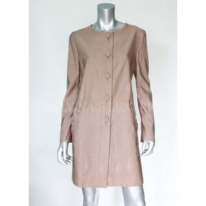 PRADA COAT ROUND NECK BOW POCKETS BEIGE PINK WOOL SILK LONG JACKET IT 46 US 10